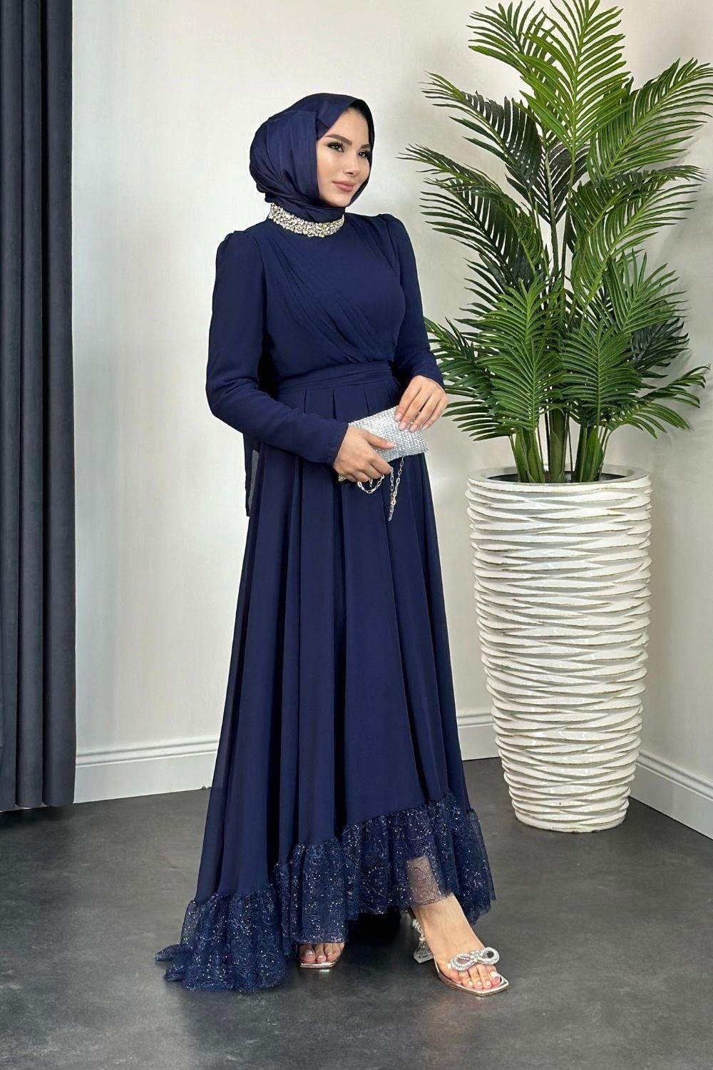 Yaka Taşlı Altı Dantelli Abiye Lacivert 4562 