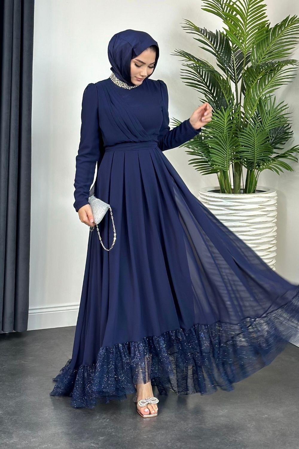 Yaka Taşlı Altı Dantelli Abiye Lacivert 4562 