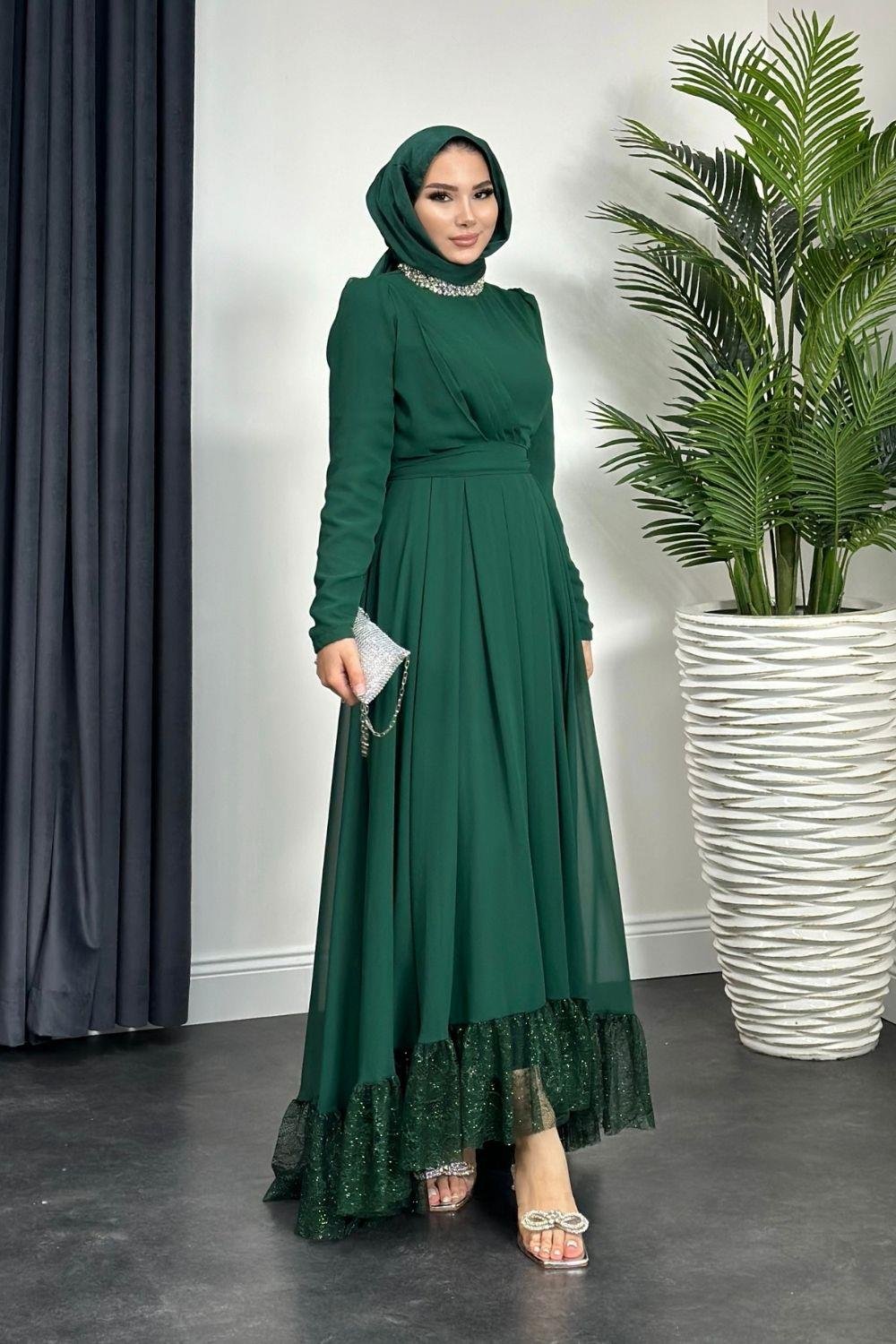 Yaka Taşlı Altı Dantelli Abiye Zümrüt 4562 
