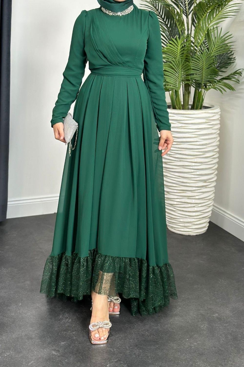 Yaka Taşlı Altı Dantelli Abiye Zümrüt 4562 