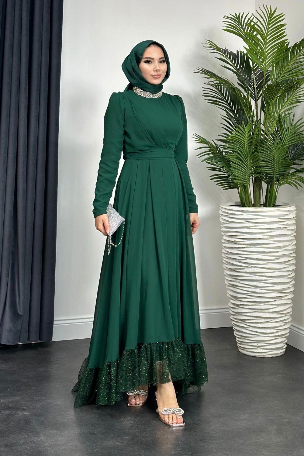 Yaka Taşlı Altı Dantelli Abiye Zümrüt 4562 