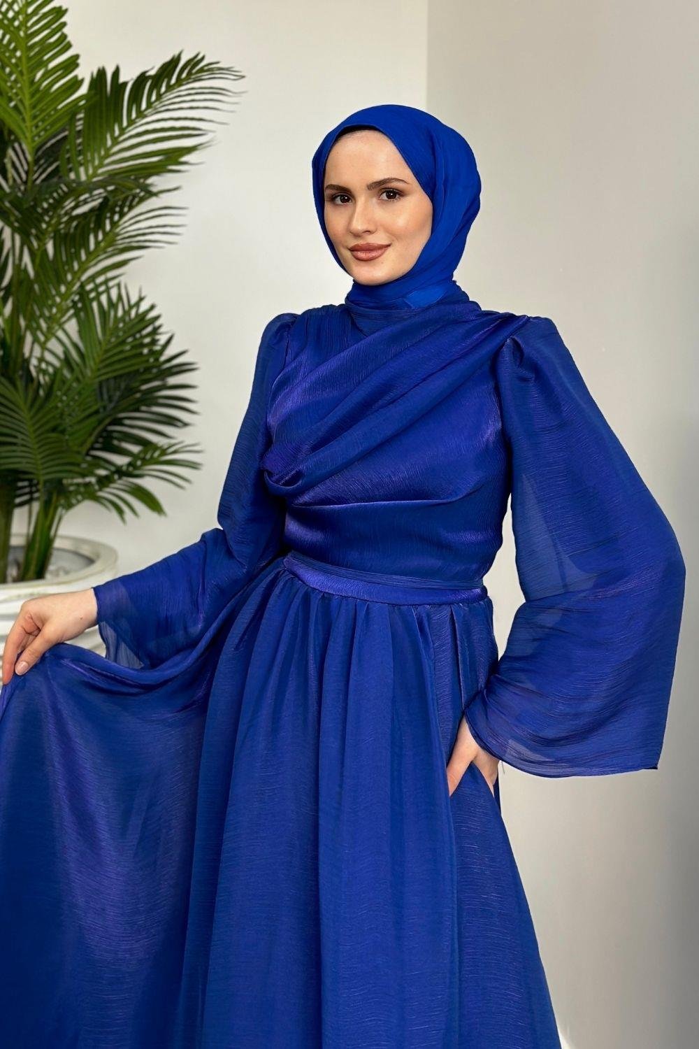 Anka Balon Kol Elbise Saks 4563 