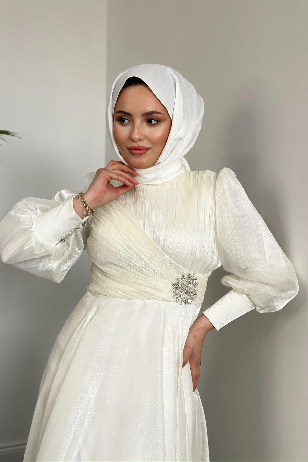 Beli Taş Detaylı Janjan Abiye Beyaz 4579 