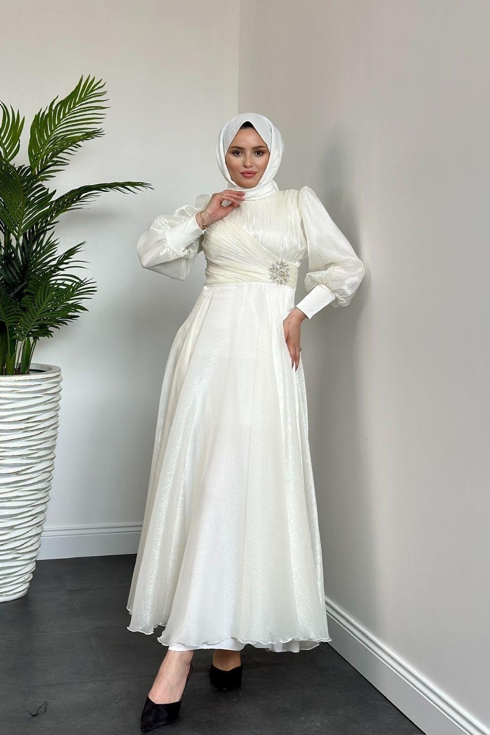 Beli Taş Detaylı Janjan Abiye Beyaz 4579 