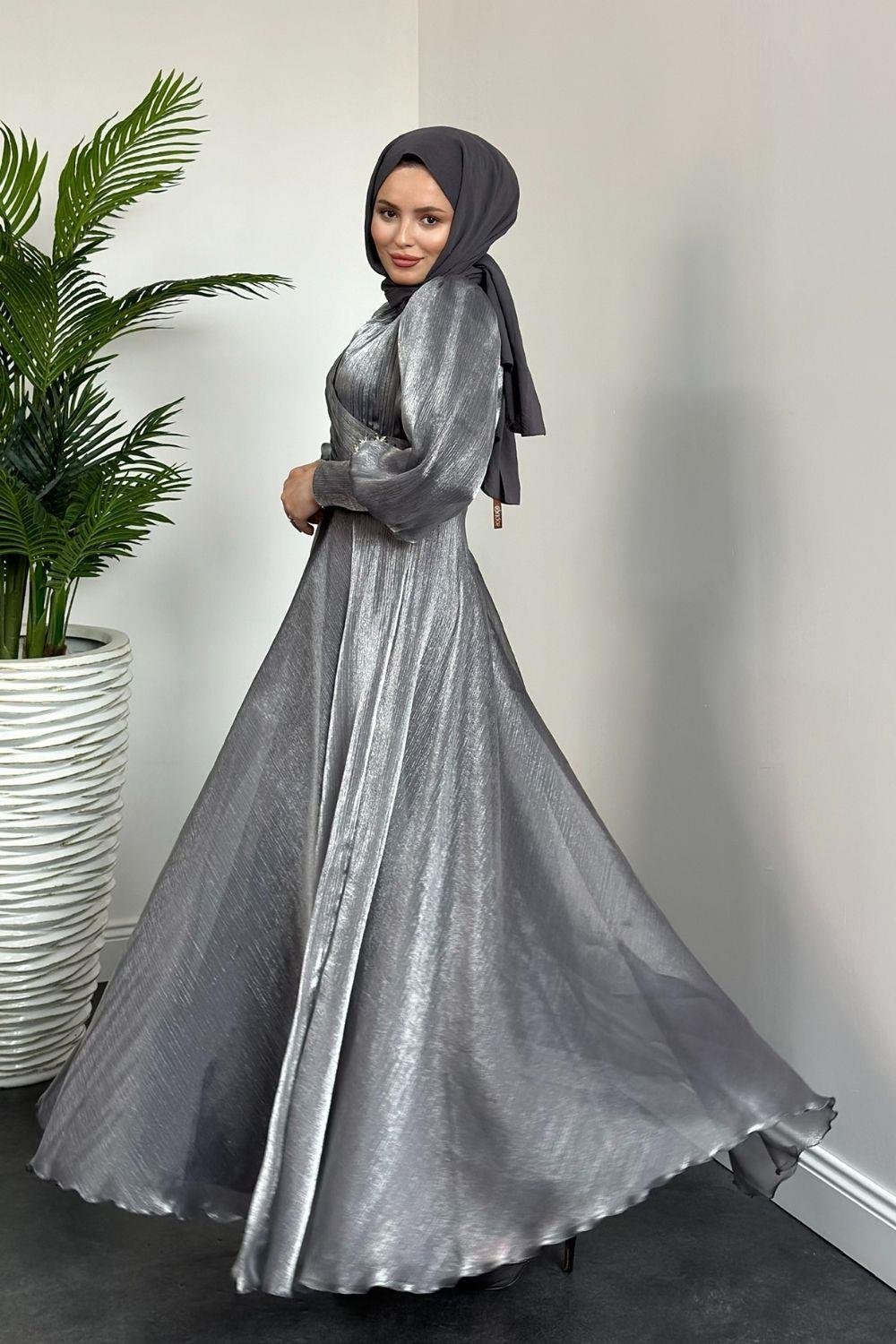 Beli Taş Detaylı Janjan Abiye Gri 4579 