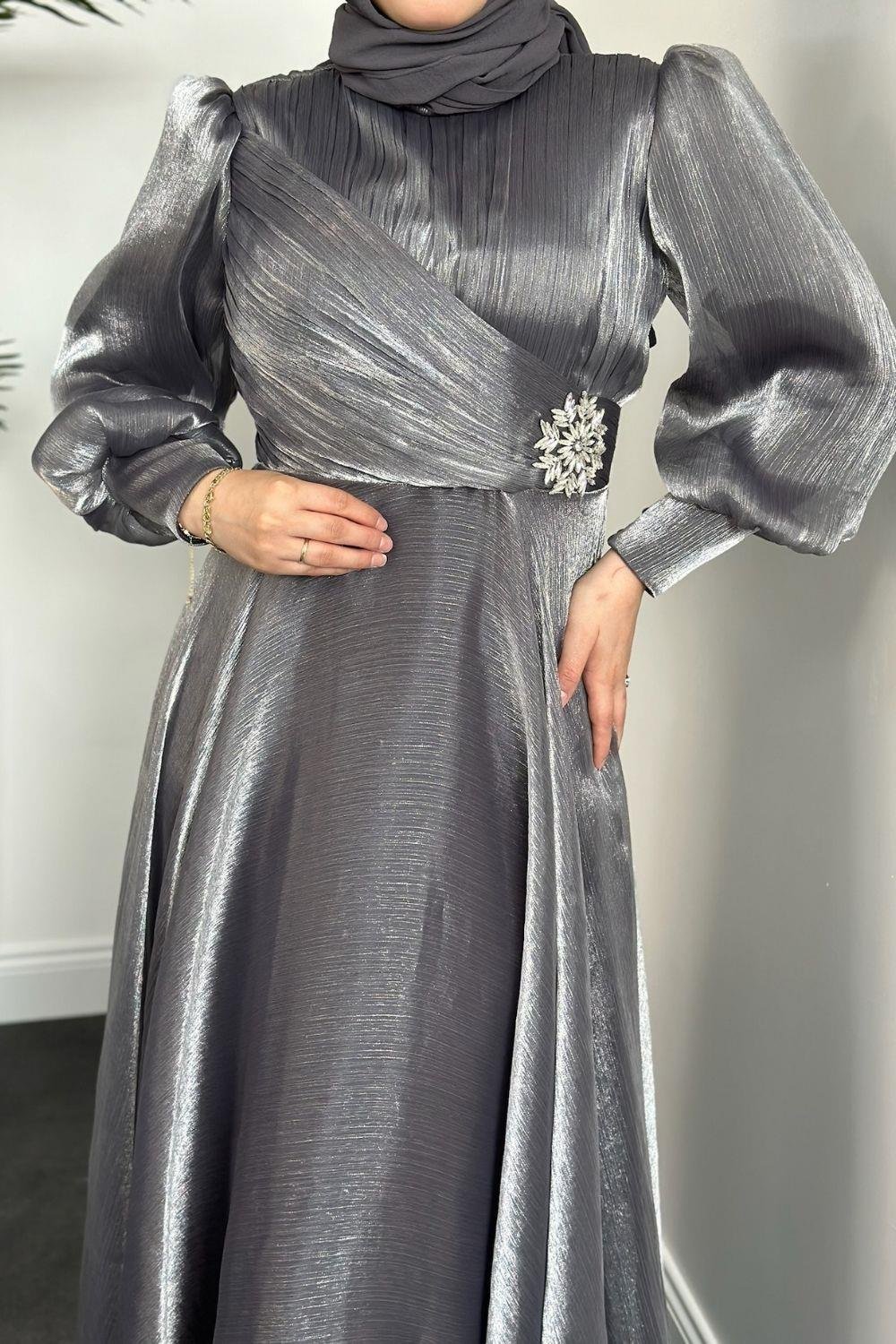 Beli Taş Detaylı Janjan Abiye Gri 4579 