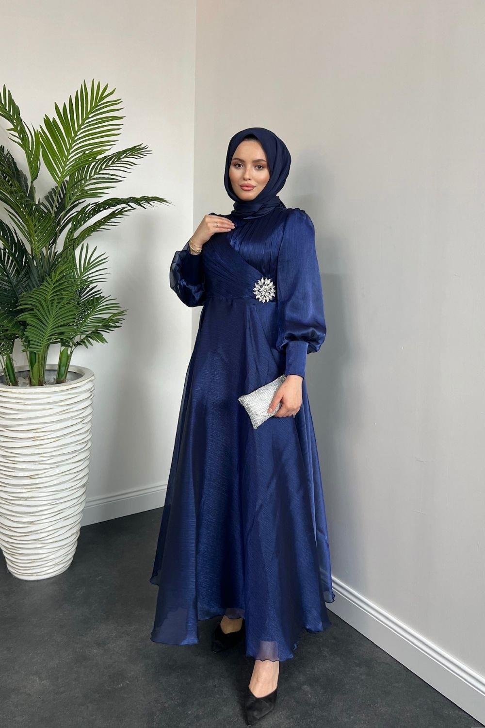 Beli Taş Detaylı Janjan Abiye Lacivert 4579 