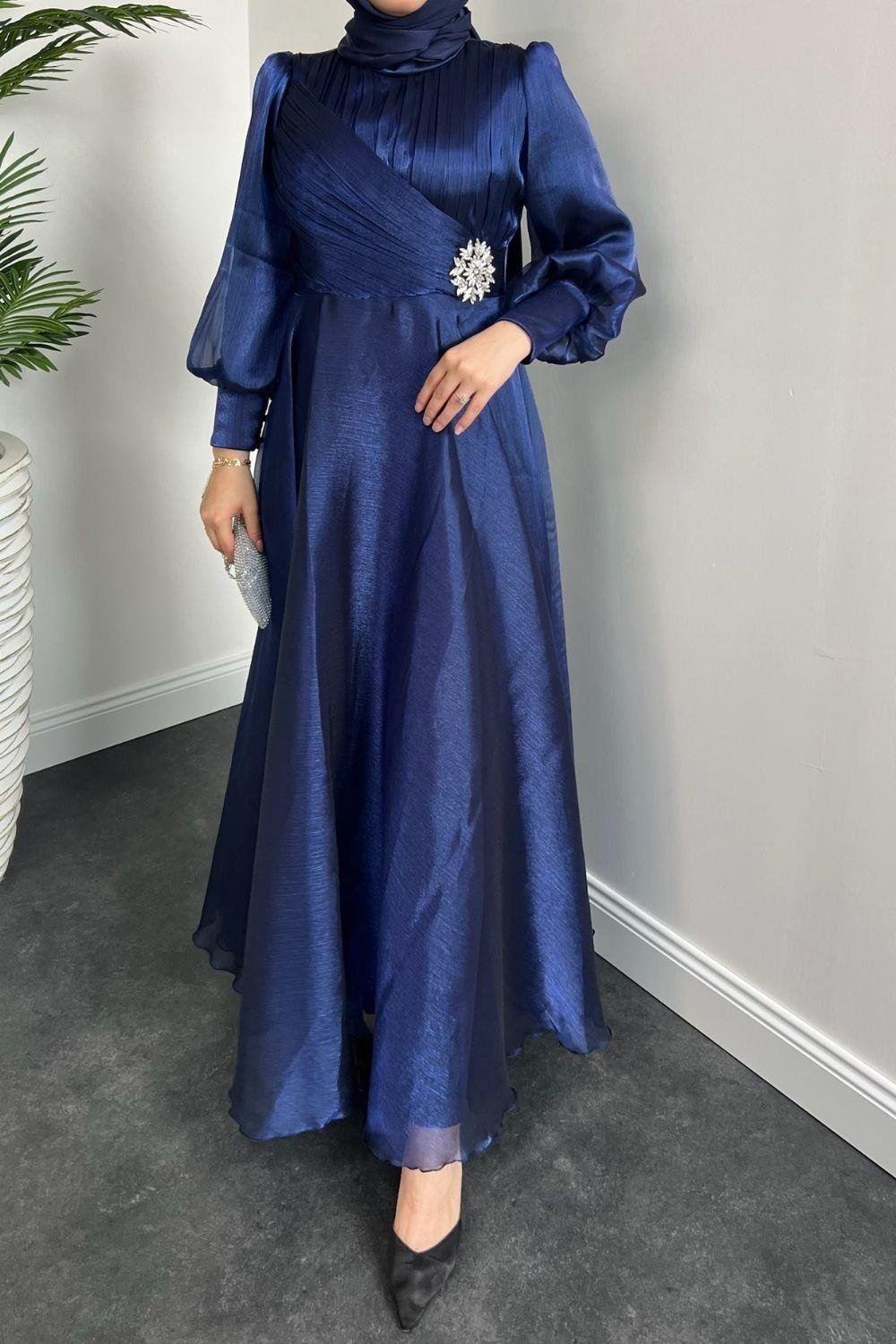 Beli Taş Detaylı Janjan Abiye Lacivert 4579 