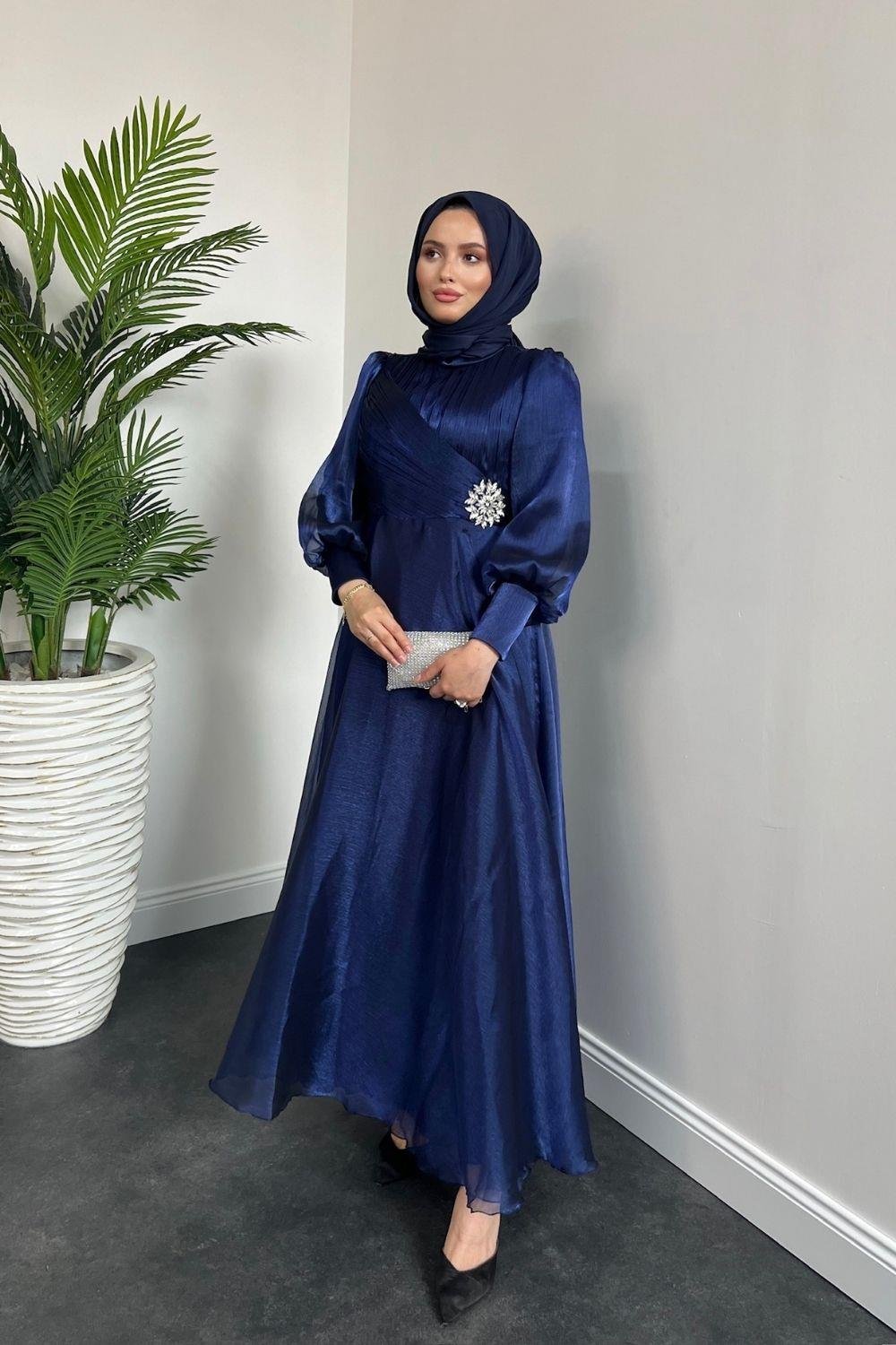 Beli Taş Detaylı Janjan Abiye Lacivert 4579 