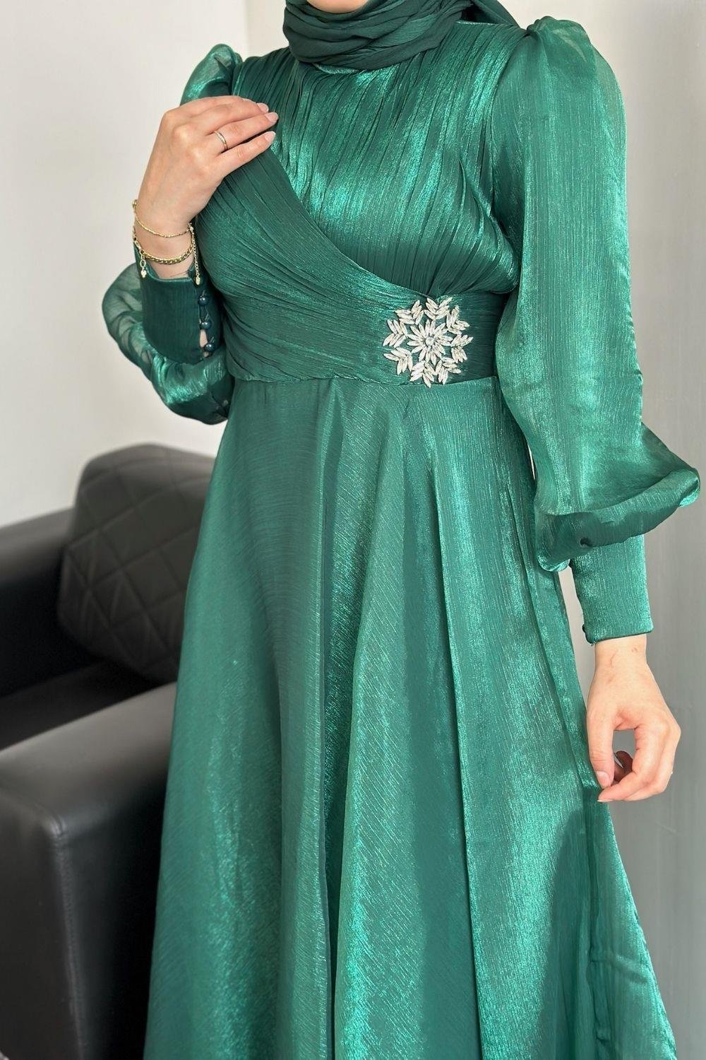 Beli Taş Detaylı Janjan Abiye Zümrüt 4579 