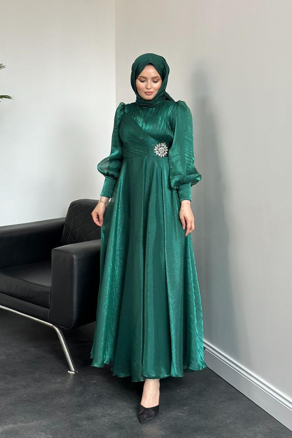 Beli Taş Detaylı Janjan Abiye Zümrüt 4579 