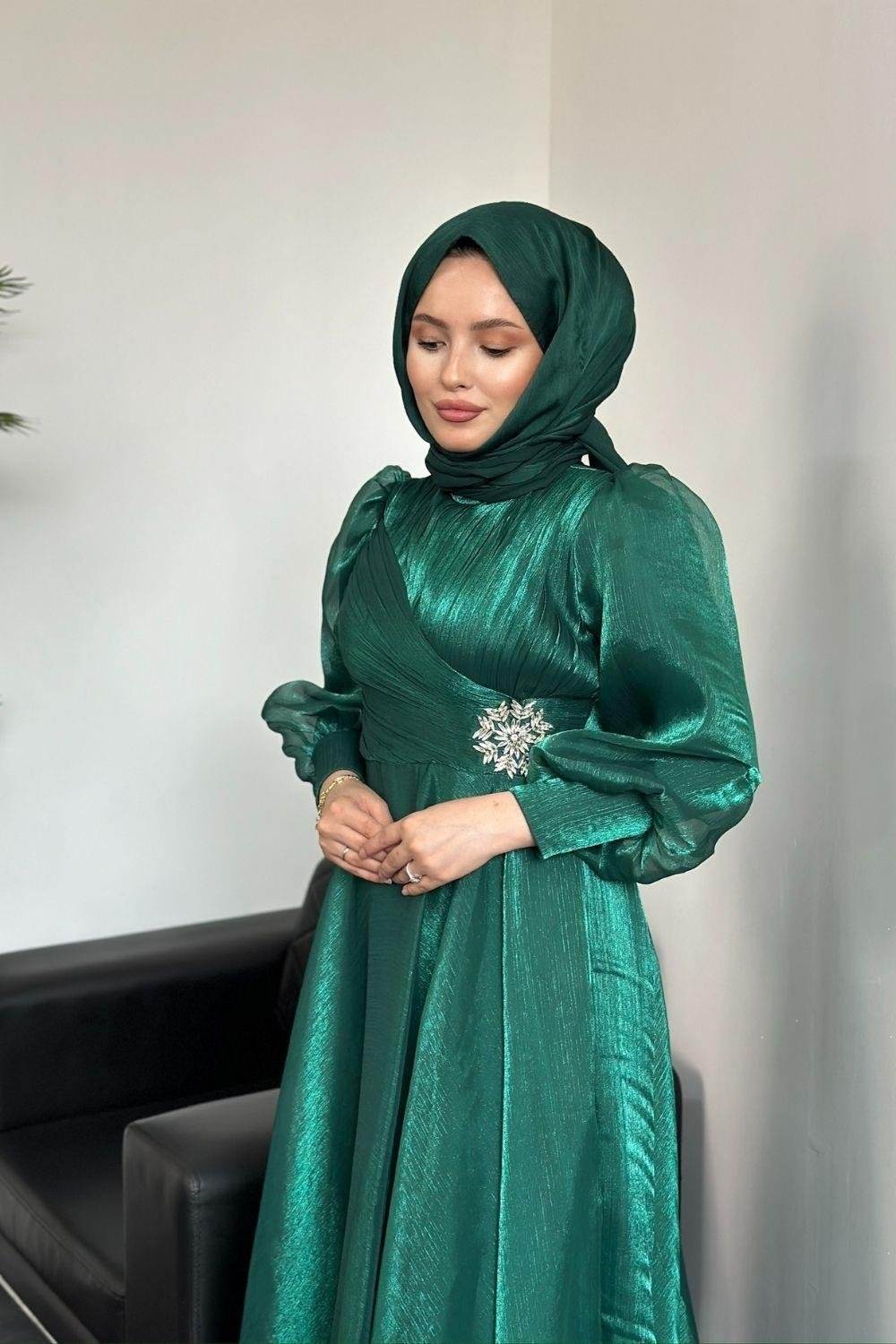 Beli Taş Detaylı Janjan Abiye Zümrüt 4579 