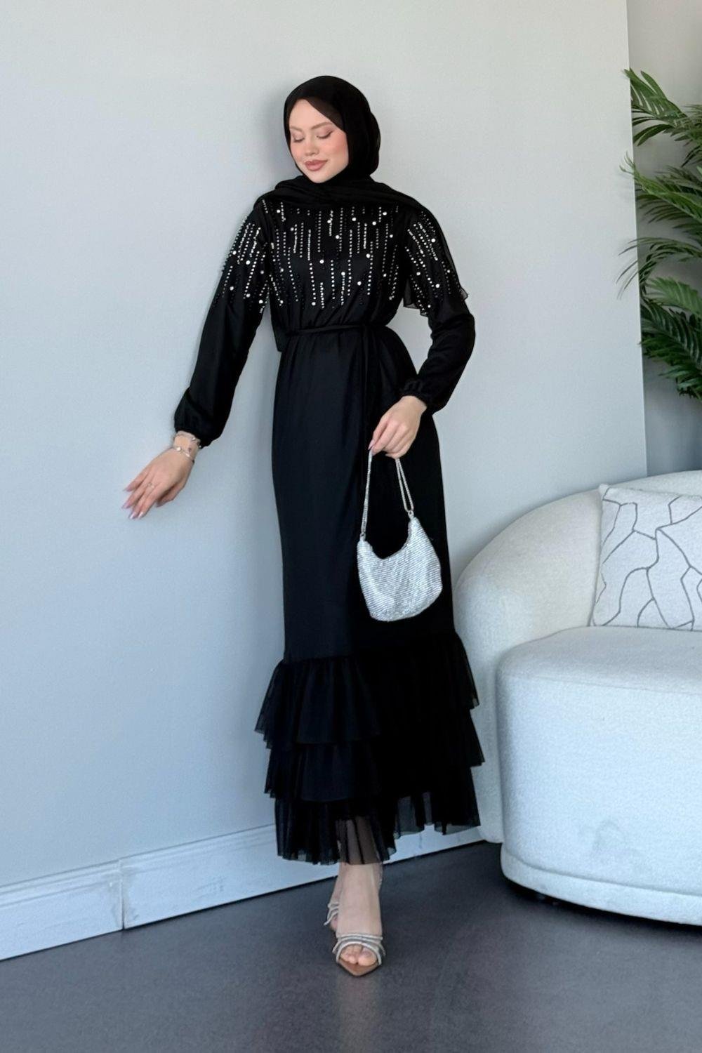 Taşlı Katkat Abiye Siyah 4616 