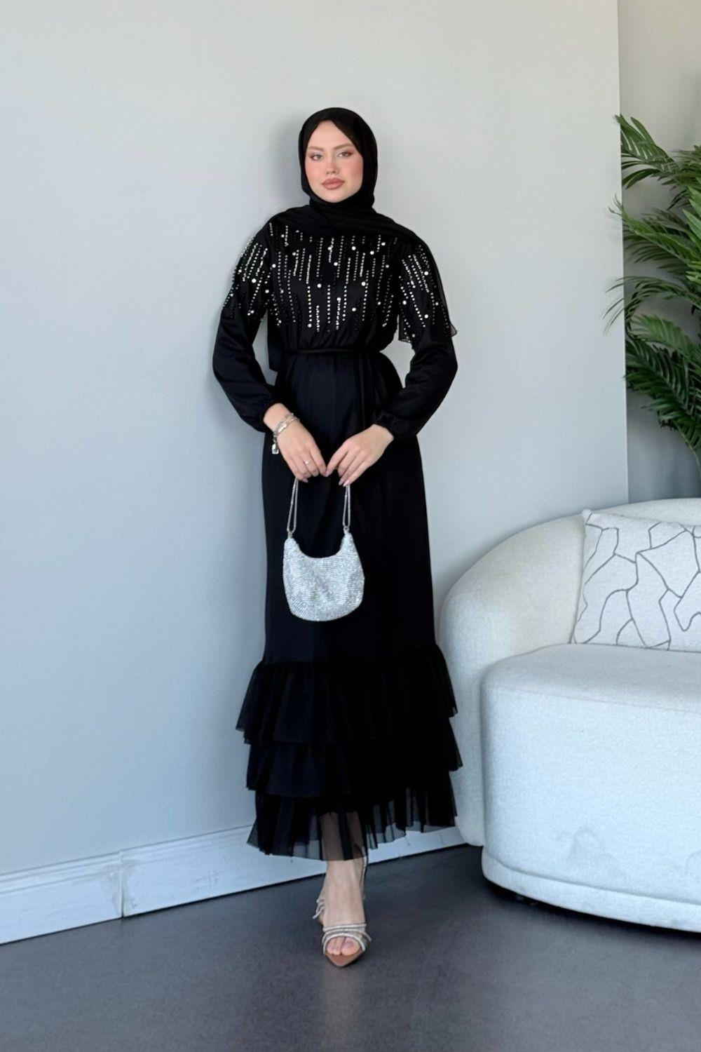 Taşlı Katkat Abiye Siyah 4616 