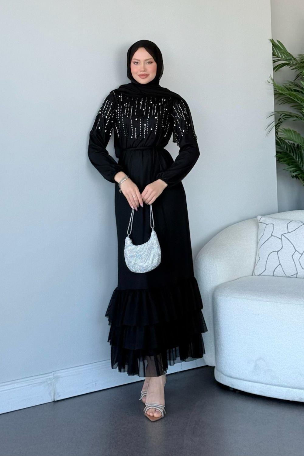 Taşlı Katkat Abiye Siyah 4616 