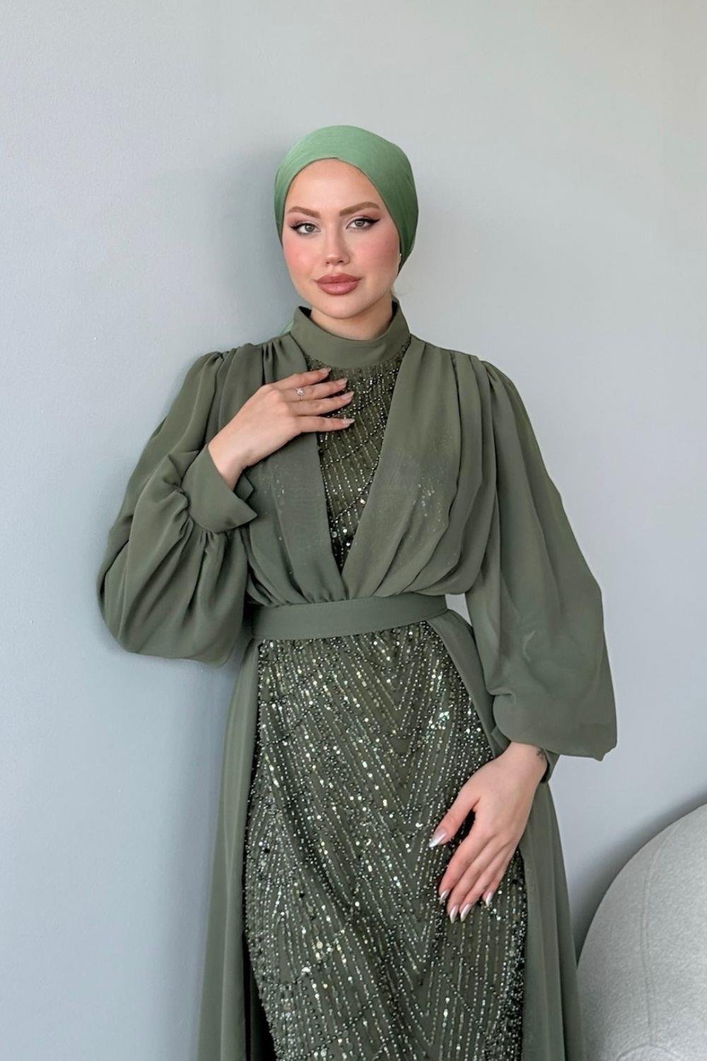 Şifon Boncuklu Abiye Haki 46300 