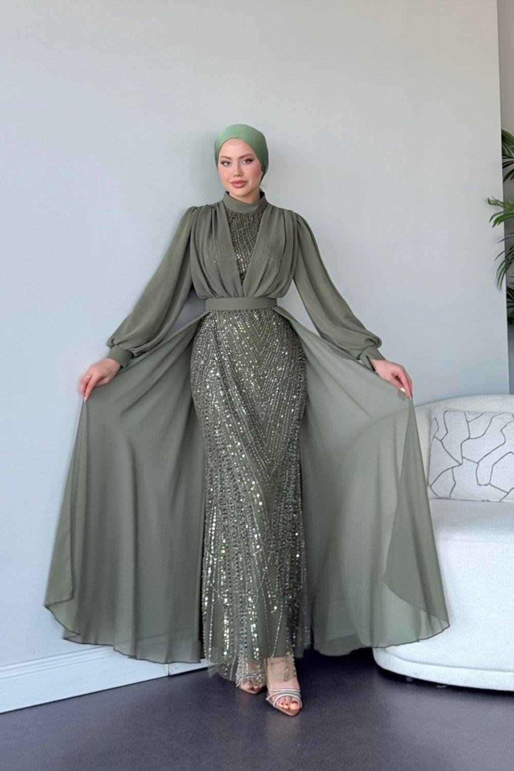 Şifon Boncuklu Abiye Haki 46300 