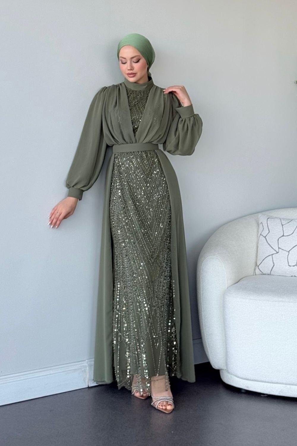 Şifon Boncuklu Abiye Haki 46300 