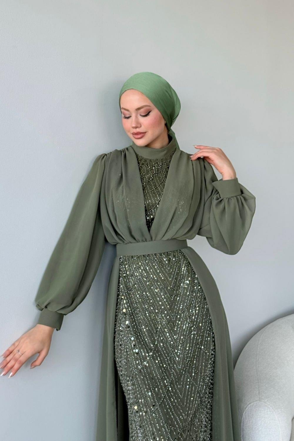 Şifon Boncuklu Abiye Haki 46300 