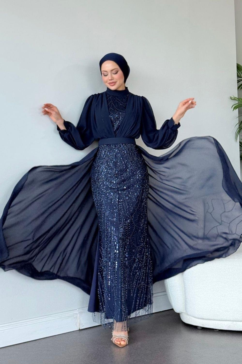 Şifon Boncuklu Abiye Lacivert 46300 