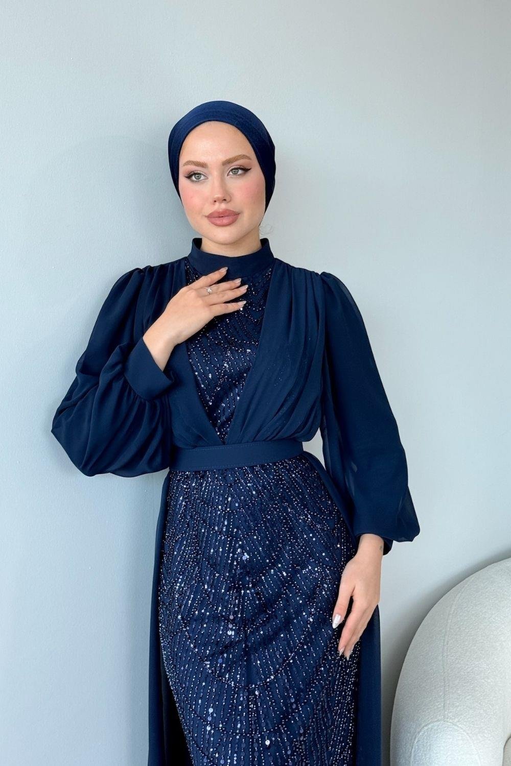 Şifon Boncuklu Abiye Lacivert 46300 