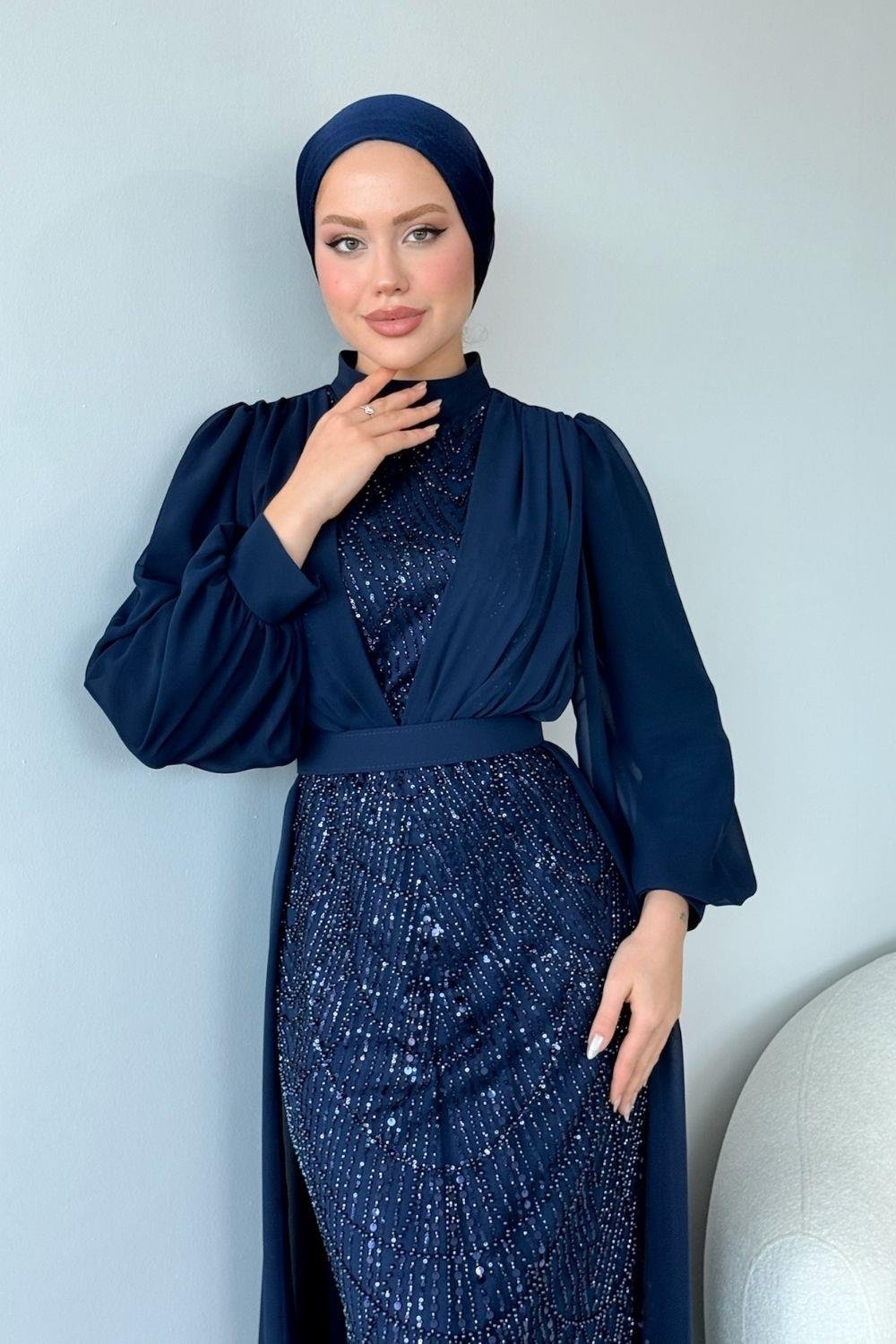 Şifon Boncuklu Abiye Lacivert 46300 