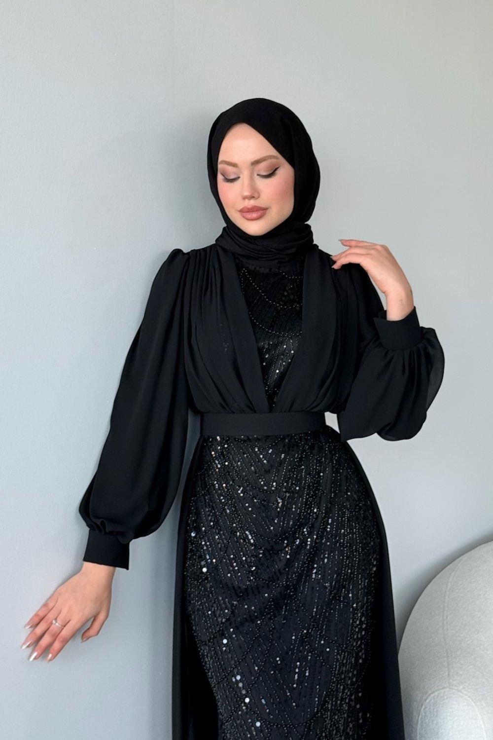 Şifon Boncuklu Abiye Siyah 46300 