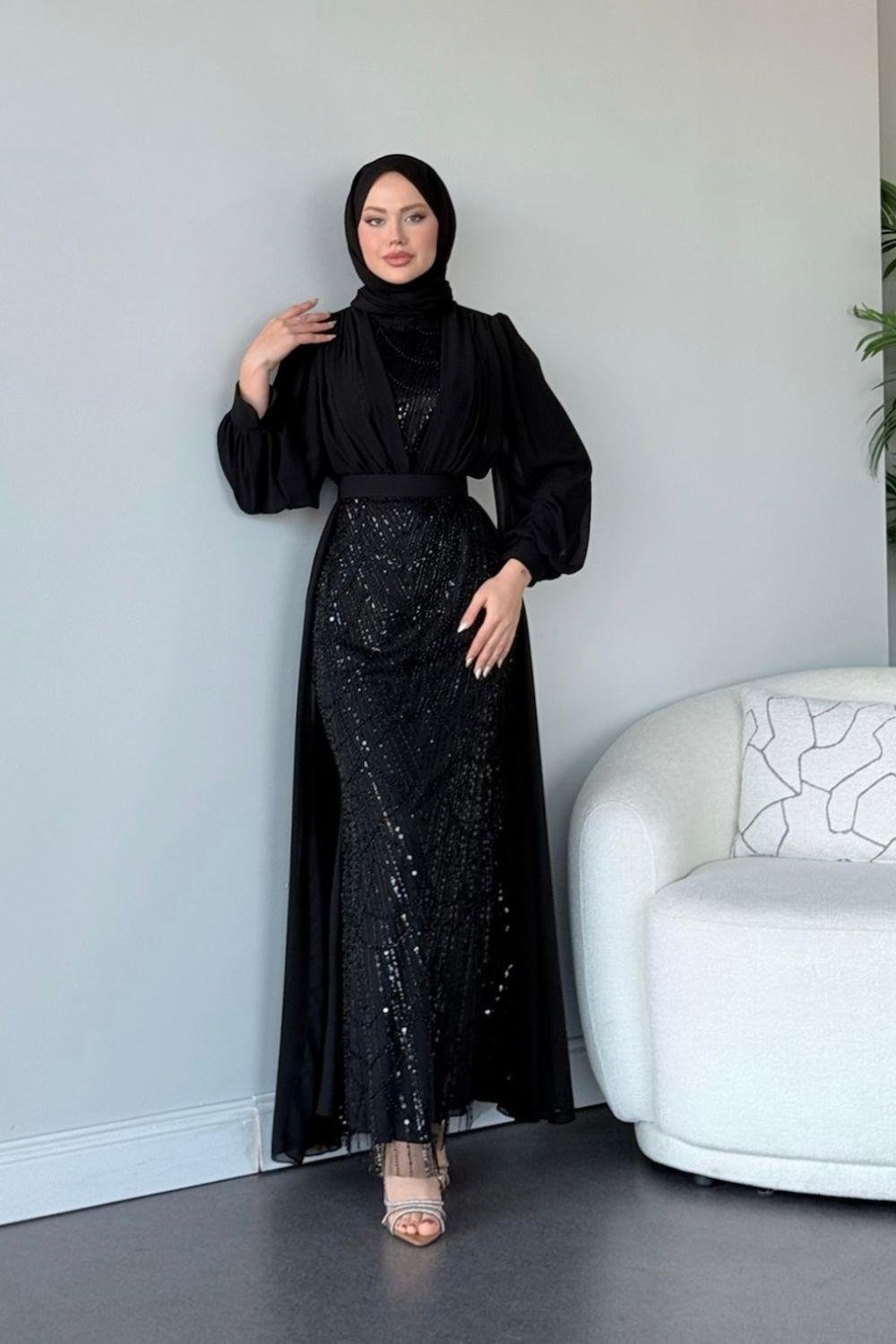Şifon Boncuklu Abiye Siyah 46300 