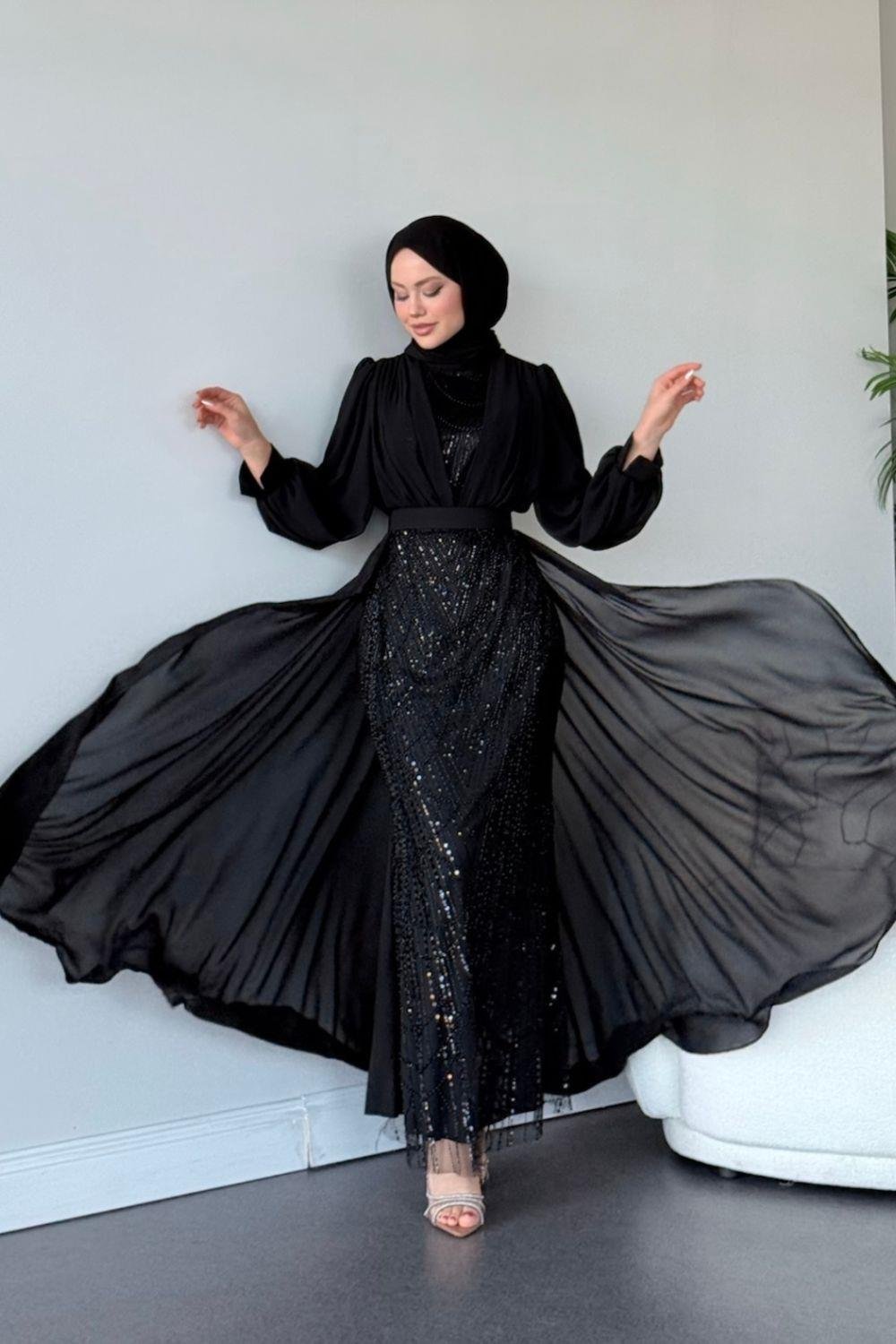 Şifon Boncuklu Abiye Siyah 46300 