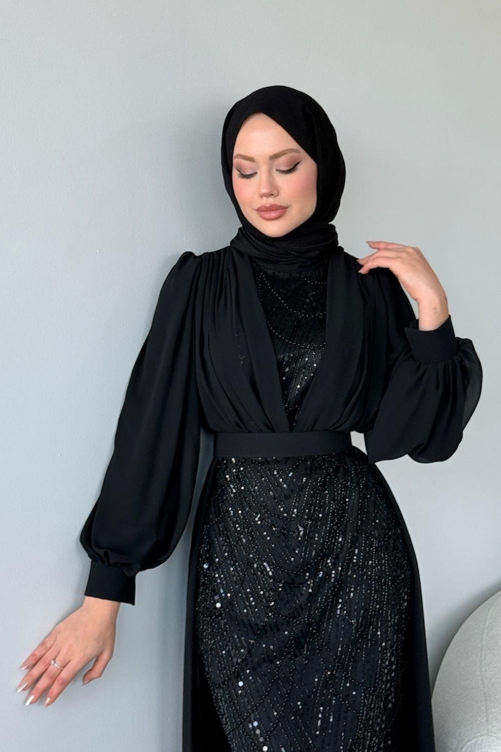 Şifon Boncuklu Abiye Siyah 46300 