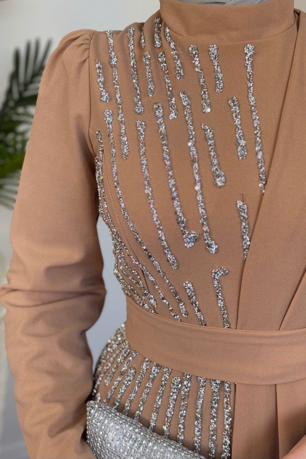 Yandan Taşlı Abiye Camel 4631 