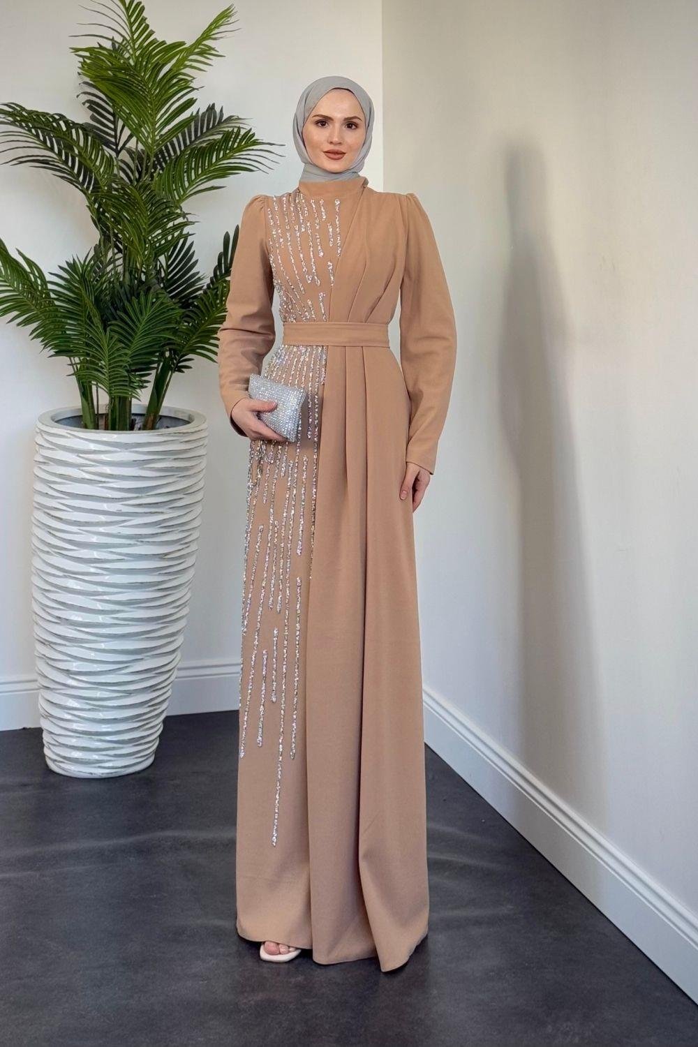 Yandan Taşlı Abiye Camel 4631 