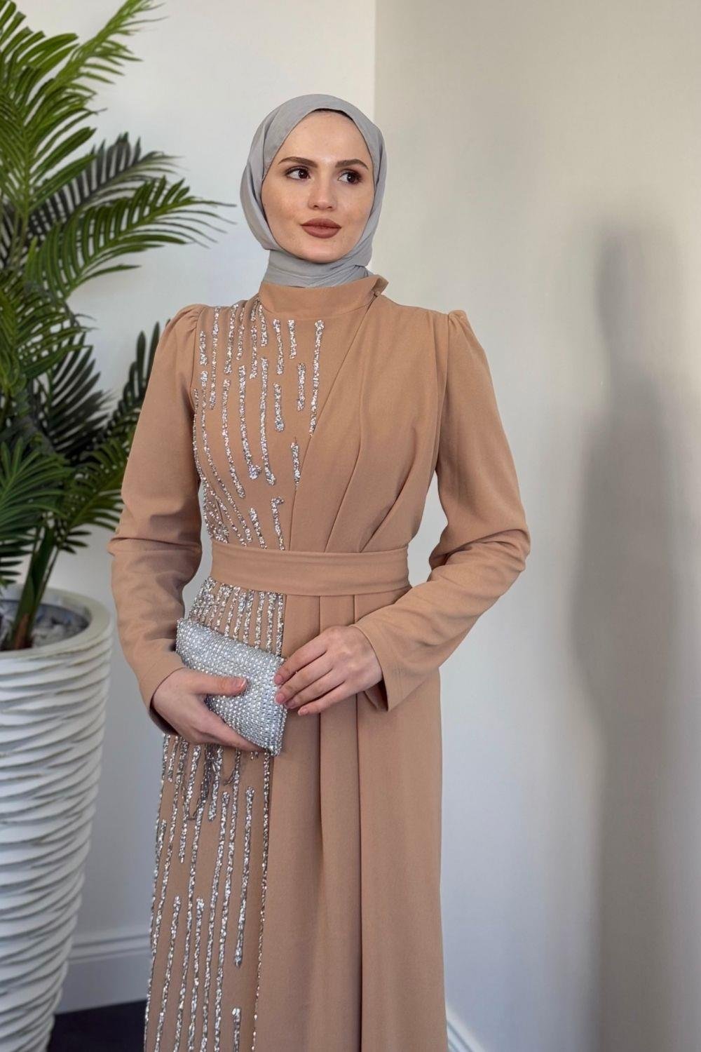 Yandan Taşlı Abiye Camel 4631 