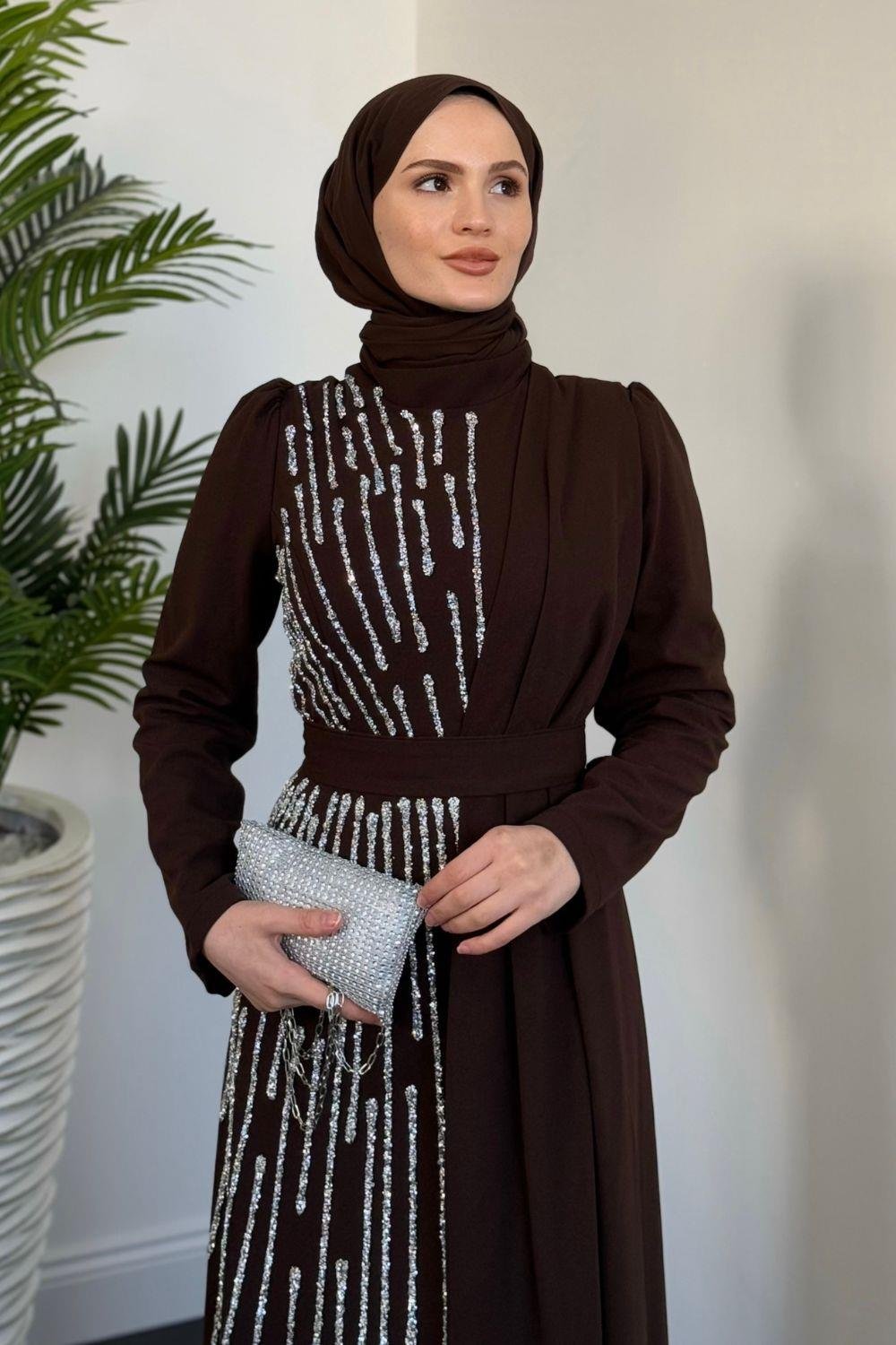 Yandan Taşlı Abiye Kahverengi 4631 