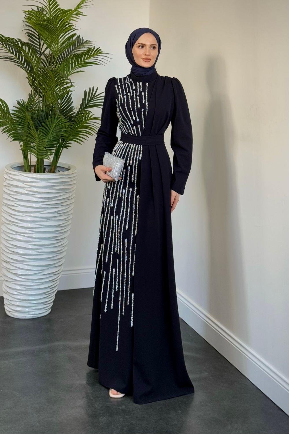 Yandan Taşlı Abiye Lacivert 4631 