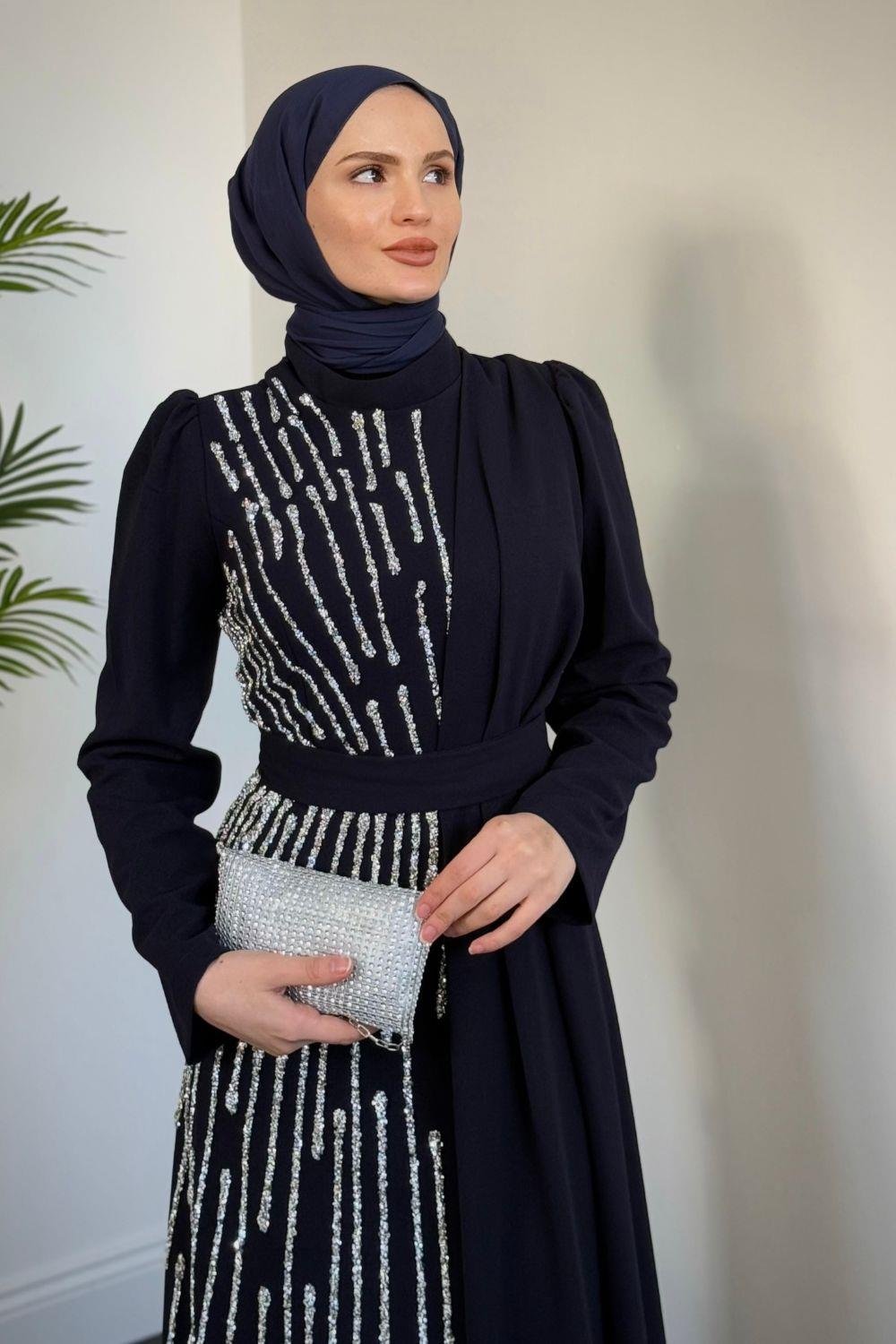 Yandan Taşlı Abiye Lacivert 4631 