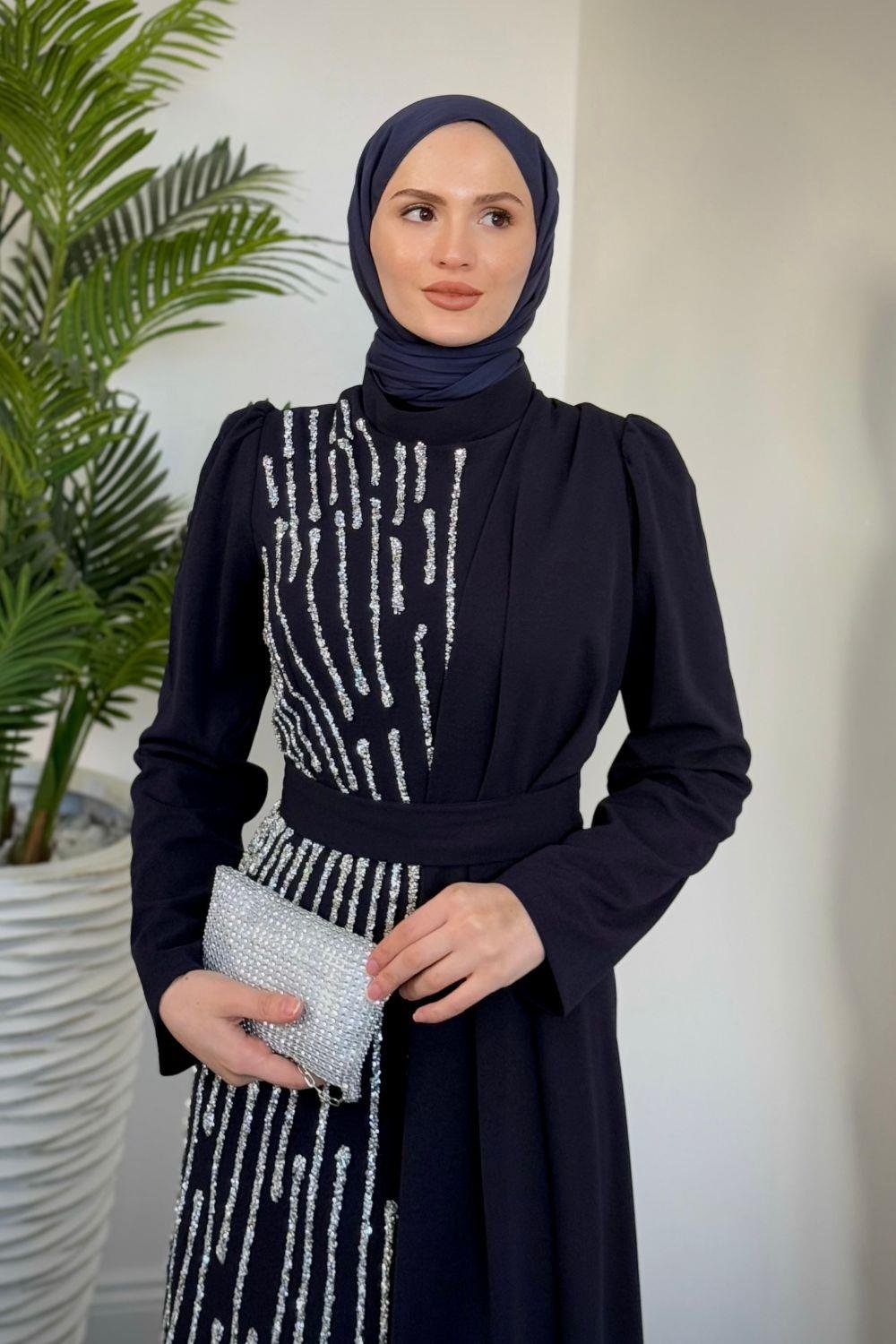 Yandan Taşlı Abiye Lacivert 4631 