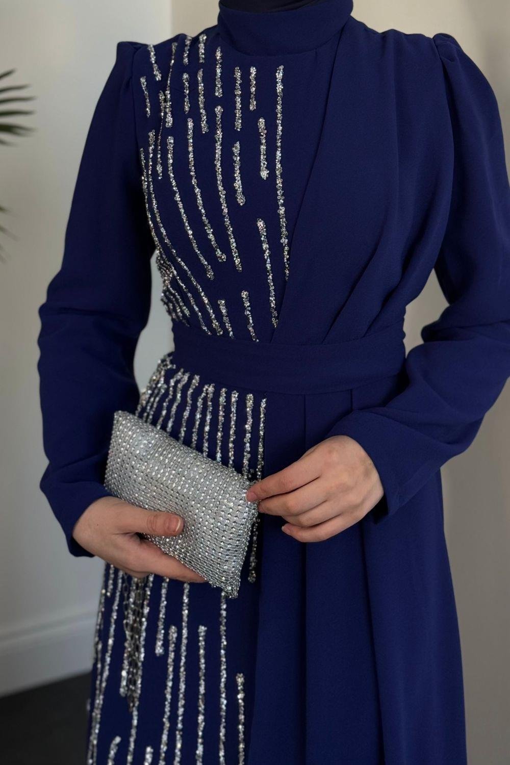 Yandan Taşlı Abiye Saks 4631 