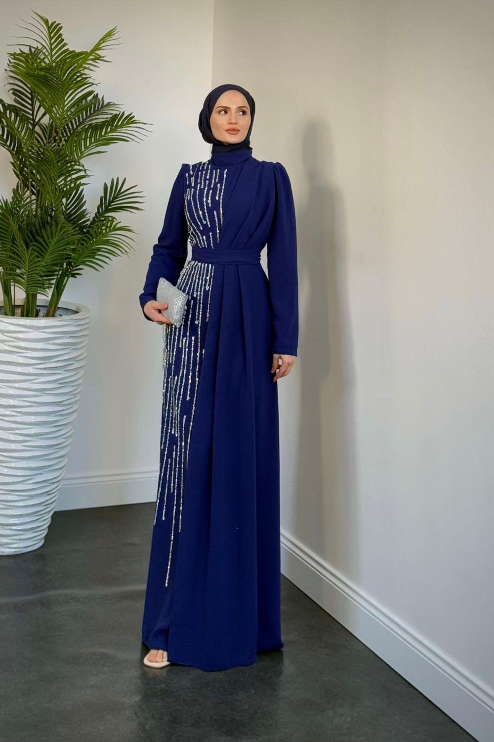 Yandan Taşlı Abiye Saks 4631 