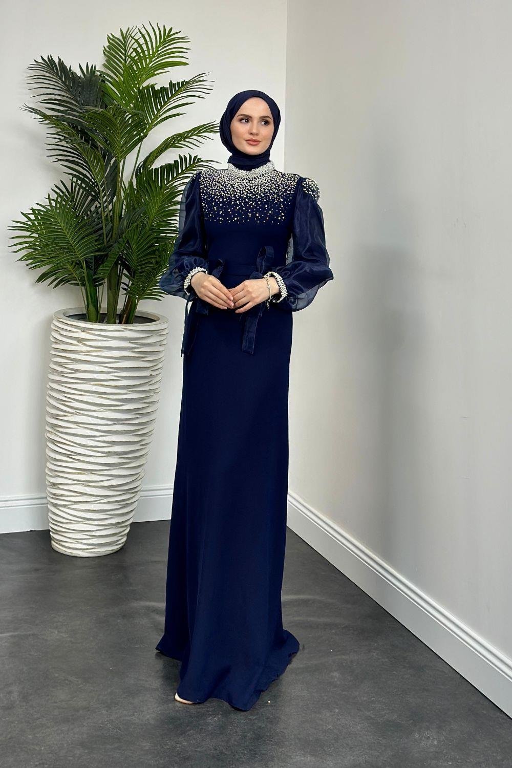 Nina İnci İşlemeli Abiye Lacivert 4635 