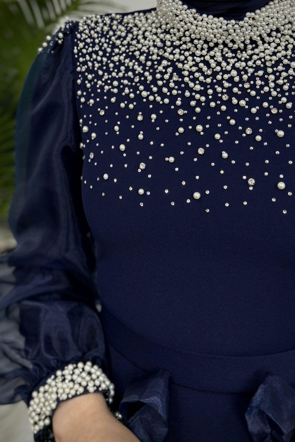 Nina İnci İşlemeli Abiye Lacivert 4635 