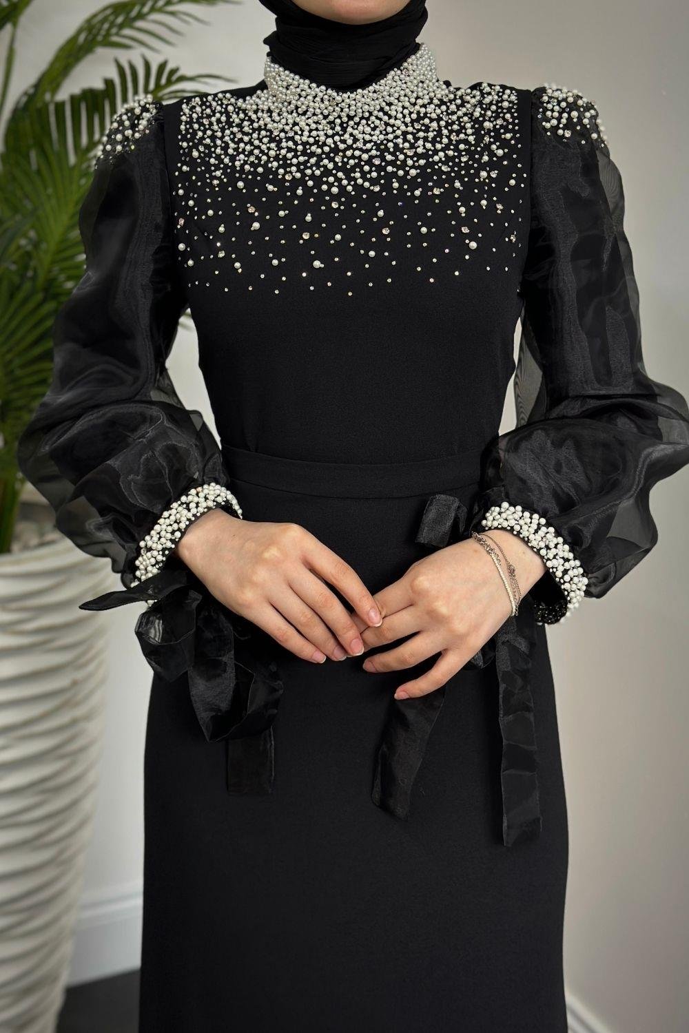 Nina İnci İşlemeli Abiye Siyah 4635 