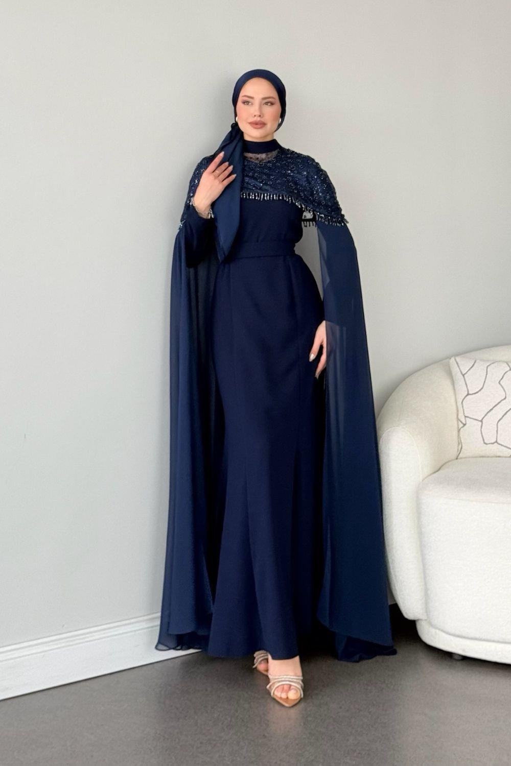 Üstü Pelerinli Abiye Lacivert 4653 