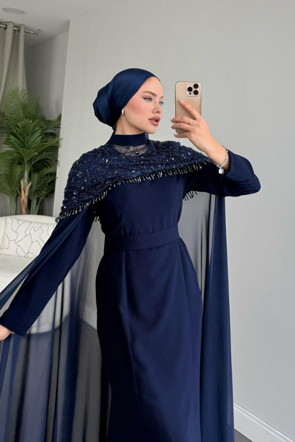 Üstü Pelerinli Abiye Lacivert 4653 