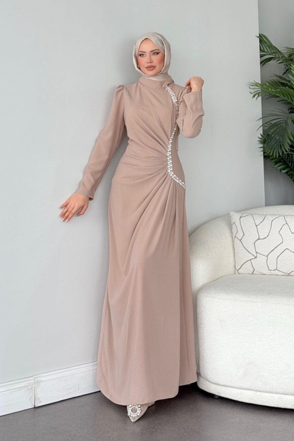 Sole Taşlı Abiye Bej 4657 