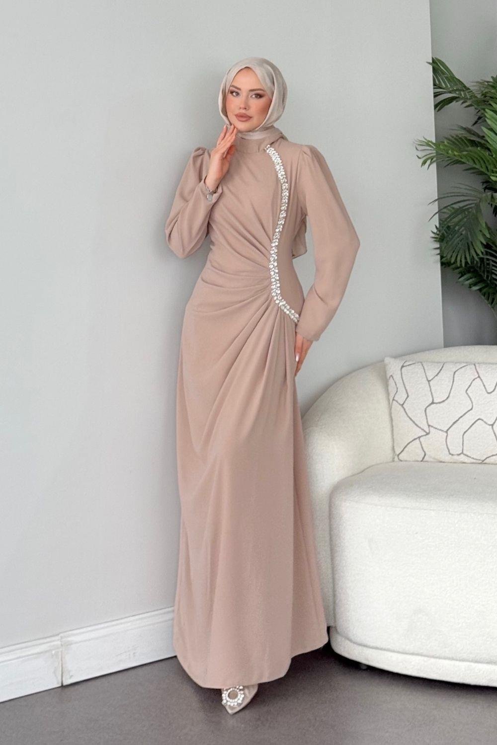 Sole Taşlı Abiye Bej 4657 