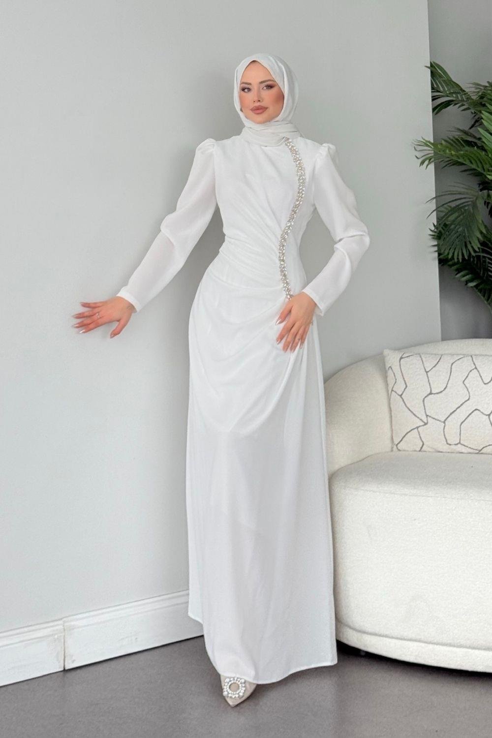 Sole Taşlı Abiye Beyaz 4657 