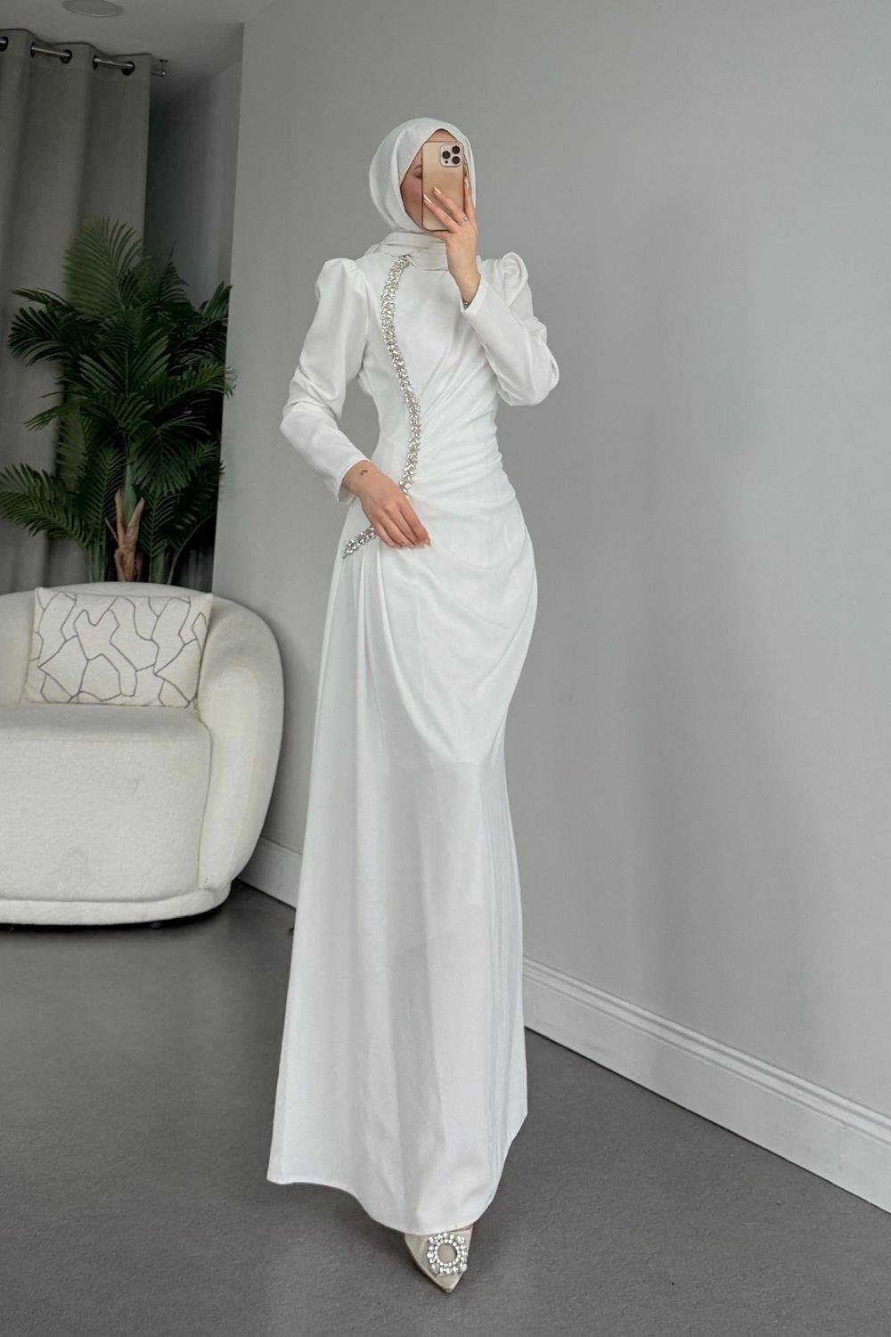 Sole Taşlı Abiye Beyaz 4657 