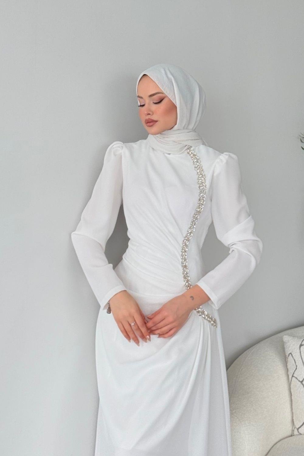 Sole Taşlı Abiye Beyaz 4657 