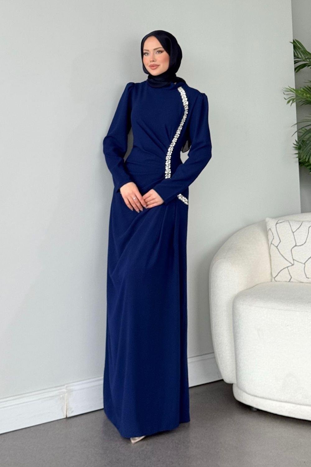 Sole Taşlı Abiye Lacivert 4657 